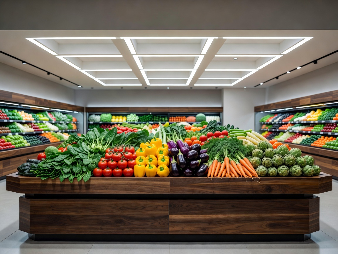 Beautiful wooden produce counters showcasing well organized colorful vegetables under structured modern ceiling light grids