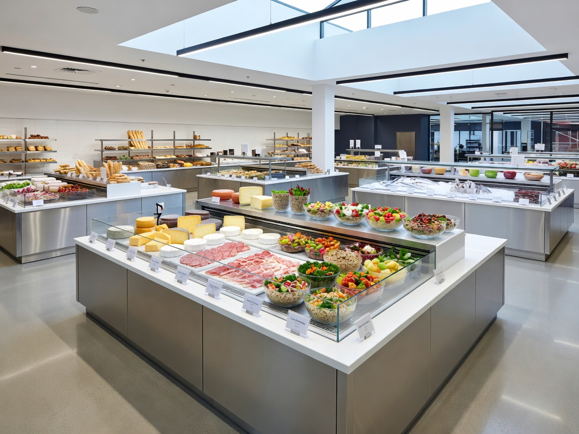 Clean and pristine bright wide layout of an expansive food hall in a modern hypermarket with fresh deli labels