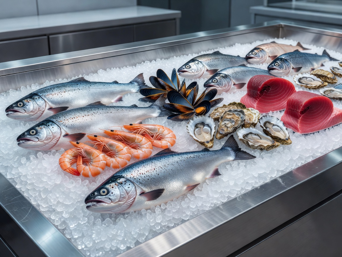 Immaculate presentation of premium fresh fish and seafood arranged cleanly over layers of crushed white ice at a modern market counter