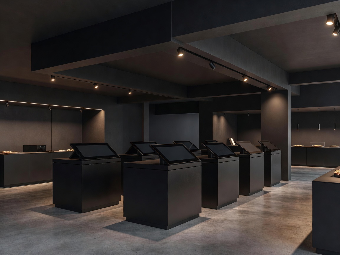 Self-service shopping terminal panels in a modern architectural food market designed with minimalist dark colors and warm spotlight elements
