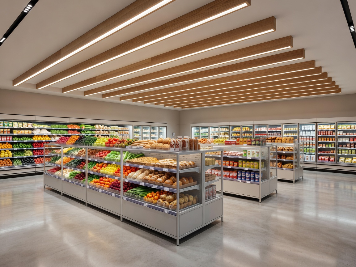 Sleek and clean structural interior rendering of a modern grocery store with clear product sections under wood lighting beams